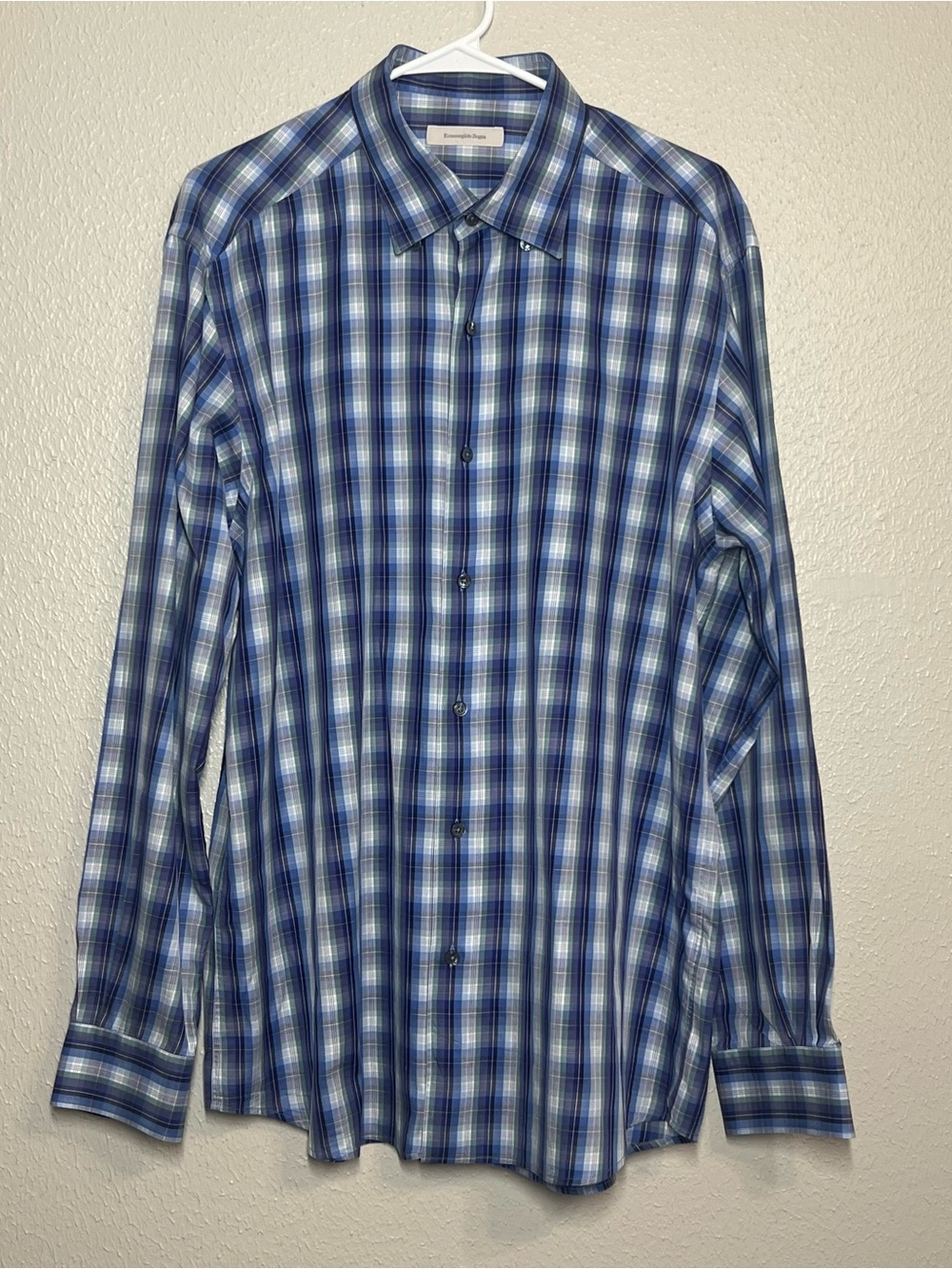 Ermenegildo Zegna Shirt Mens Size XL Blue Green Plaid Button Down Made in Italy